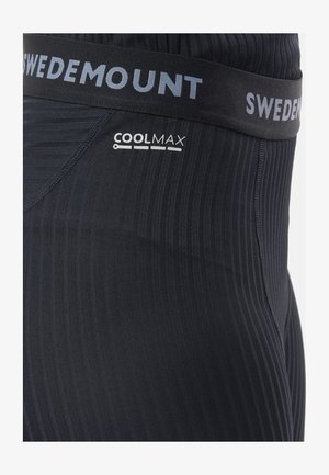 Black athletic leggings with a ribbed texture, featuring a wide waistband labeled "SWEDEMOUNT" and a "COOLMAX" logo near the hip.