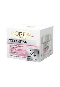 Crema idratante Tripla Attiva di L'Oréal Paris in una scatola bianca con dettagli oro e rosa, etichettata per idratazione 24 ore e protezione UV.