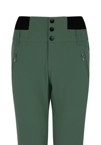 Groene softshell broek met een hoge zwarte tailleband, drie zwarte voorknopjes en ritssluitingen aan beide zijden. Glad van textuur, op maat gemaakte pasvorm.
