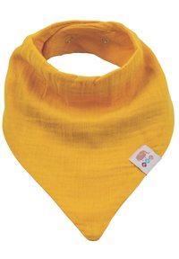 Bavoir en tissu jaune de forme triangulaire, avec une texture douce et une petite étiquette avec un design d'éléphant coloré sur un côté.