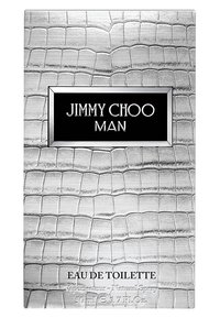 Confezione argentata con texture a pelle di coccodrillo, caratterizzata da un'etichetta nera con la scritta "JIMMY CHOO MAN" e "EAU DE TOILETTE" in carattere bianco.