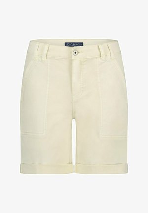 Lichtgele shorts met een opgerolde rand, gemaakt van een katoenen stofmix. Voorzien van ceintuurlussen, een knoopsluiting en twee voorzakken.