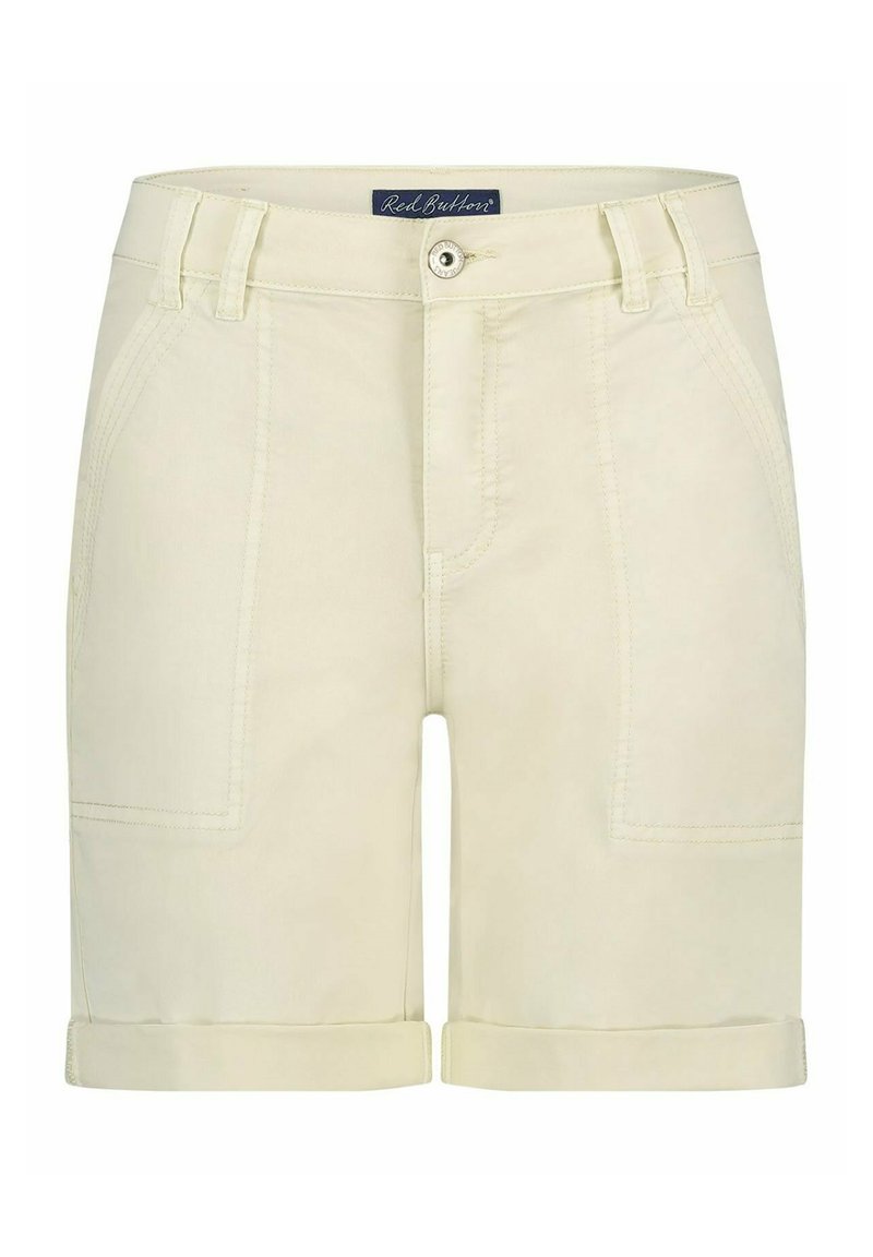 Lichtgele shorts met een opgerolde rand, gemaakt van een katoenen stofmix. Voorzien van ceintuurlussen, een knoopsluiting en twee voorzakken.