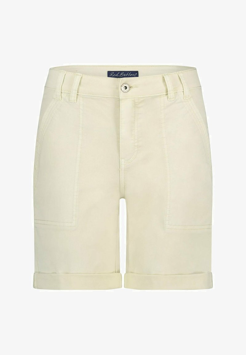 Light yellow shorts with a rolled hem, made of cotton blend fabric. Features belt loops, a button closure, and two front pockets.