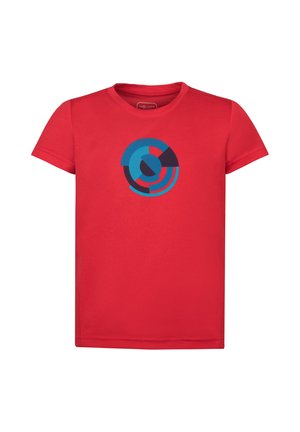 Red short-sleeve kids t-shirt with a round neckline and a central circular geometric design in blue and black shades.