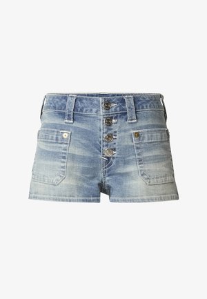 Denim shorts in lichtblauwe wassing, met een hoge taille, vijf knopenrij sluiting en twee voorzakken met decoratieve stiksels.