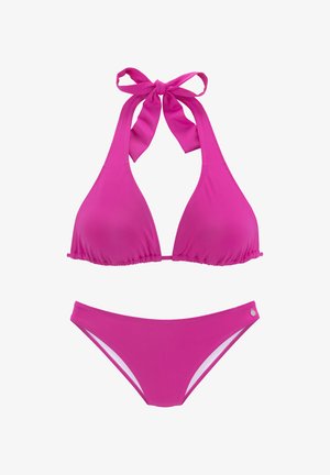 Pink bikini set featuring a halter top with a tied neck, ruched trim, and matching low-rise bottom with contrasting side accents.
