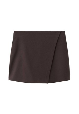 Dark brown asymmetrical mini skirt with a slight front overlap, made from smooth fabric.