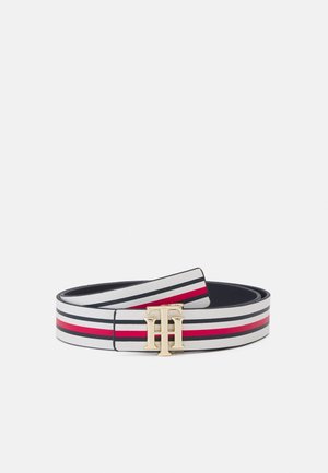 Belt with white, black, and red horizontal stripes and a gold double-T metal buckle.