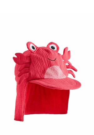Roter Sonnenhut für Kinder mit Krabben-Design, große Augen, Klammern an den Seiten und Nackenschutz für Sonnenschutz.