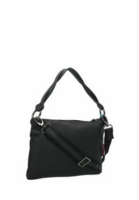 Bolso cruzado de cuero negro con superficie texturizada, cierre con cremallera, correa ajustable y herrajes de acento. Forma rectangular compacta.