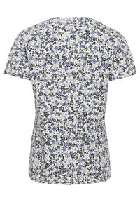 Camisa de manga corta con un patrón floral pequeño en azul, negro y gris sobre un fondo blanco, vista desde la parte posterior.