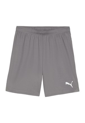 Grå atletiske shorts lavet af letvægtsstof, med en elastisk talje og et hvidt logo nederst til venstre. Simpelt design, ingen lommer.