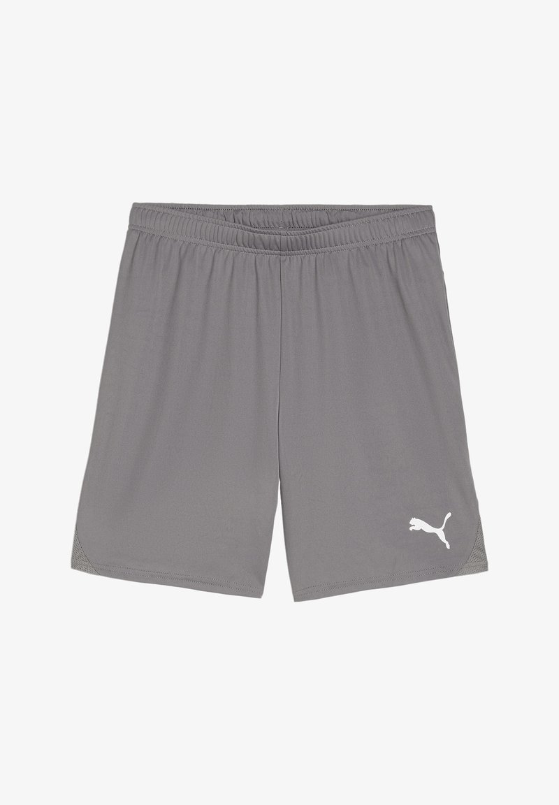Shorts de sport gris en tissu léger, dotés d'une taille élastique et d'un logo blanc sur le bas à gauche. Design simple, sans poches.