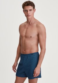 Pantaloni da bagno blu con motivo geometrico, dotati di una cintura elastica e tasche frontali. Realizzati in tessuto leggero e a asciugatura rapida.