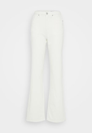 White flared jeans made from cotton denim, featuring a high waist, button closure, and four pockets with a smooth texture.