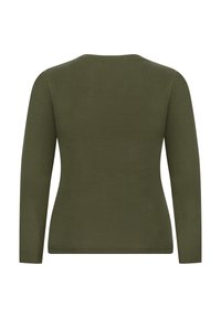 Langärmeliges Oberteil in Olivgrün aus einem glatten, elastischen Stoff. Mit Rundhalsausschnitt und figurbetonter Silhouette mit schlichten Nähten.