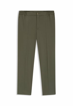 Pantaloni verde oliva con una texture liscia, dotati di una vita elasticizzata, tasche frontali e chiusura con un solo bottone. Design a gamba dritta.
