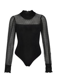 Body nero con un design plissettato, maniche lunghe in rete trasparente con pois e colletto alto arricciato. Tessuto testurizzato su tutta la superficie.