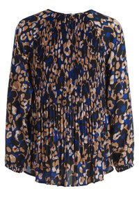 Blouse à manches longues en tissu léger avec un imprimé léopard noir, bleu et marron. Dos froncé et détail de pliures.