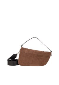 Braune Schultertasche aus Wildleder mit geschwungenem Design, ausgestattet mit einem schwarzen verstellbaren Riemen und silbernen Reißverschluss-Details.