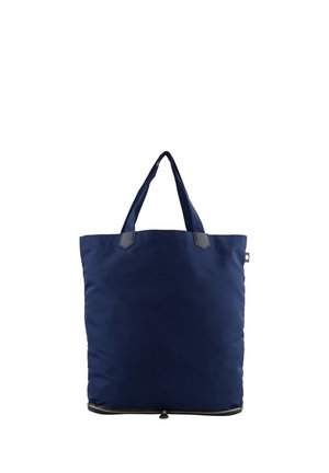 Sac cabas bleu marine avec deux poignées et une fermeture éclair le long du bord inférieur, fabriqué en tissu lisse.