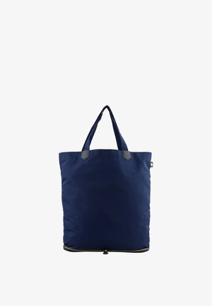 Sac cabas bleu marine avec deux poignées et une fermeture éclair le long du bord inférieur, fabriqué en tissu lisse.
