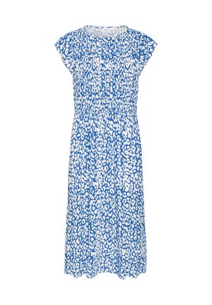 Blauw en wit patroon jurk met korte vlinder mouwen, gathered taille en middellange rok; gemaakt van een zachte, lichtgewicht stof.