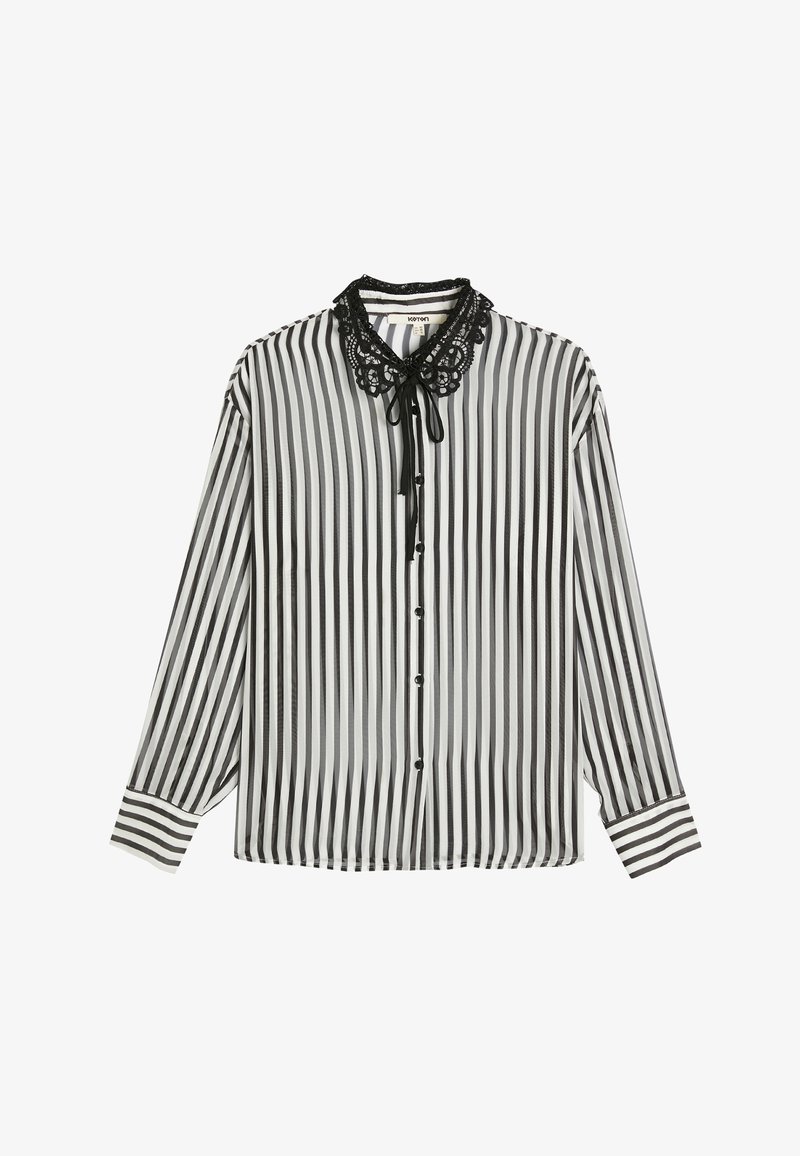 Black and white striped blouse with long sleeves, a lace-trimmed collar, and a front tie. Features buttons and contrasting stripe details on cuffs.