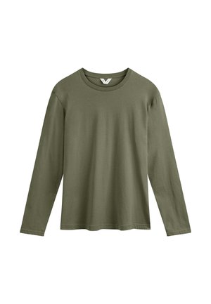 Olijfgroene T-shirt met lange mouwen van katoen, met een ronde halslijn, een relaxte pasvorm en een gladde textuur zonder zichtbare patronen of graphic.