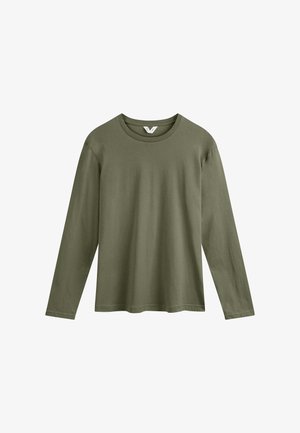 Olijfgroene T-shirt met lange mouwen van katoen, met een ronde halslijn, een relaxte pasvorm en een gladde textuur zonder zichtbare patronen of graphic.