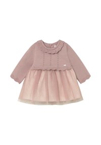 Vestito rosa cipria a maniche lunghe per neonata con corpetto lavorato a maglia, colletto e polsini smerlati e gonna in tulle trasparente a pois.