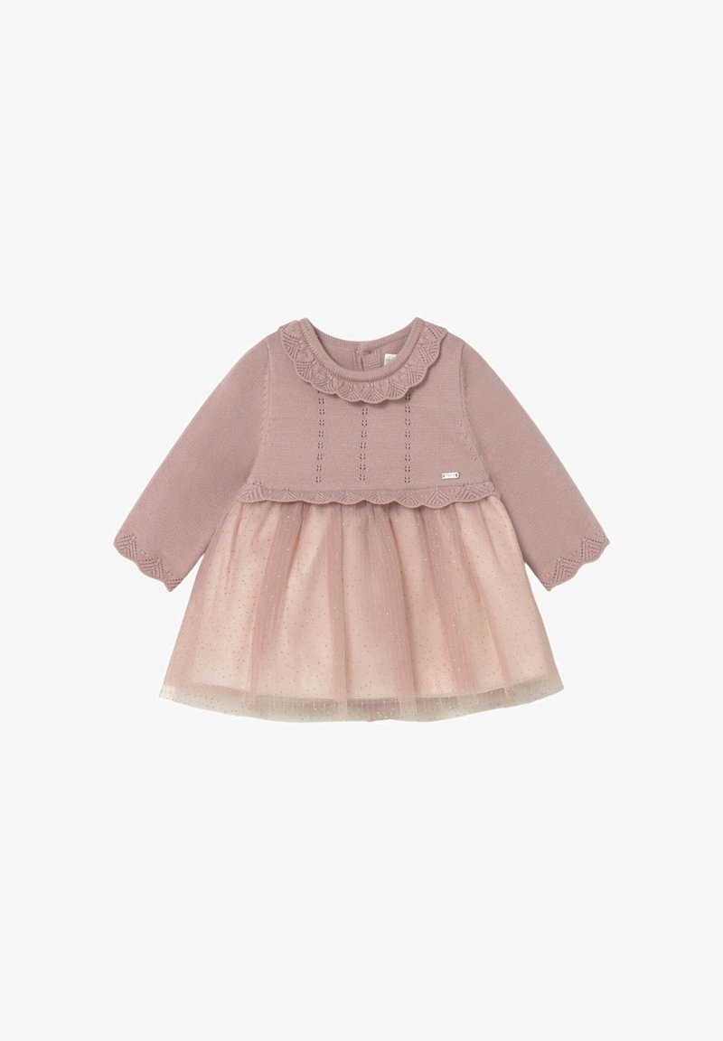 Vestito rosa cipria a maniche lunghe per neonata con corpetto lavorato a maglia, colletto e polsini smerlati e gonna in tulle trasparente a pois.