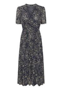 Marineblaues Wickelkleid mit kurzen Puffärmeln, das ein florales Muster in Creme zeigt. Weicher Stoff mit geschichteten Falten, der eine fließende Silhouette betont.