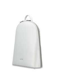 White leather backpack with a rounded top, smooth texture, and zipper closure; features a small logo at the front.