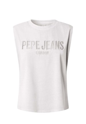 Bijeli top bez rukava s natpisom "PEPE JEANS LONDON" na prsima ukrašen malim reflektirajućim nitnama.