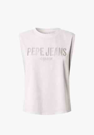 Bijeli top bez rukava s natpisom "PEPE JEANS LONDON" na prsima ukrašen malim reflektirajućim nitnama.