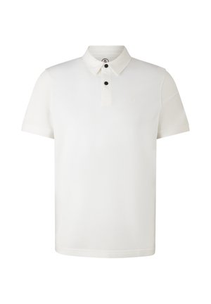 Weißes Polohemd aus Baumwolle mit einem klassischen Kragen, einer Knopfleiste mit drei schwarzen Knöpfen und einem kleinen Logo auf der Brust.