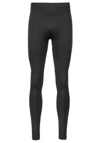 Sorte leggings lavet af strækbart, glat stof med et tætsiddende design og elastisk talje, featuring en sømløs konstruktion og ingen synlige logoer.