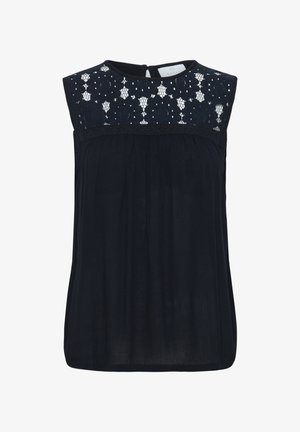 Marineblaues ärmelloses Oberteil mit einem strukturierten Spitzenpanel am Ausschnitt und einem Schlüsselverschluss auf der Rückseite. Weiches Material mit lockerer Passform.