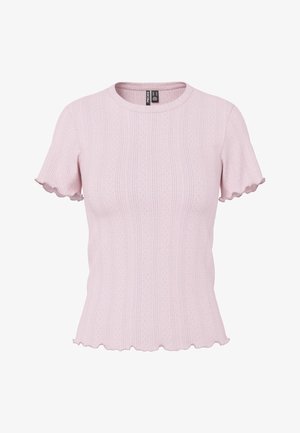 Top tricotat roz deschis cu mâneci scurte, cu dungi, margini în formă de val pe mâneci și tiv, decolteu rotund și model vertical subtil.