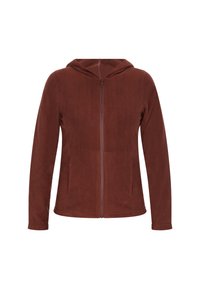 Giacca zip-up marrone-rossiccio realizzata in tessuto morbido e testurizzato, con cappuccio, maniche lunghe e tasche laterali. Design leggero per il comfort.