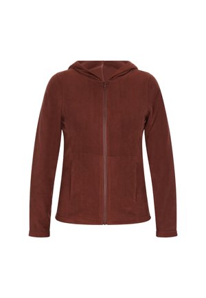 Giacca zip-up marrone-rossiccio realizzata in tessuto morbido e testurizzato, con cappuccio, maniche lunghe e tasche laterali. Design leggero per il comfort.