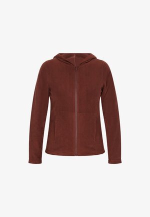 Pirosbarna, cipzáros dzseki puha, textúrált anyagból, kapucnival, hosszú ujjú és oldalsó zsebekkel. Könnyű kivitelezés a kényelem érdekében.