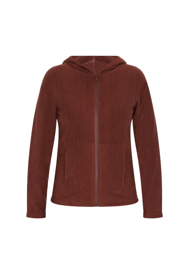 Giacca zip-up marrone-rossiccio realizzata in tessuto morbido e testurizzato, con cappuccio, maniche lunghe e tasche laterali. Design leggero per il comfort.