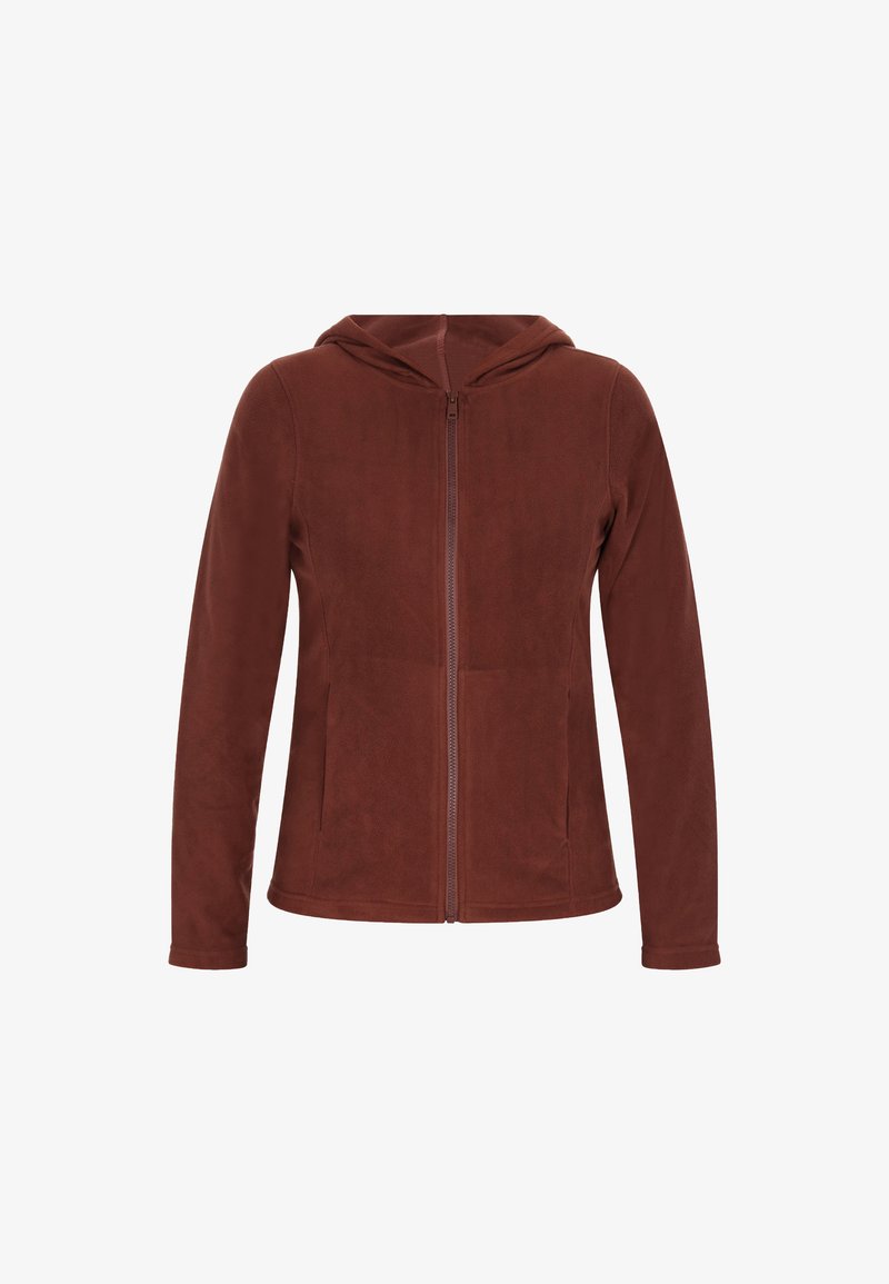 Red-brown zip-up jacket made of soft, textured fabric, featuring a hood, long sleeves, and side pockets. Lightweight design for comfort.