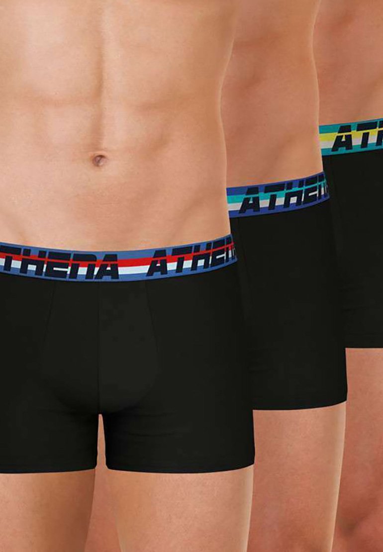 Caleçons boxers noirs avec une large ceinture élastique arborant le nom de la marque "ATHENA" en bandes bleues, rouges et vertes. Tissu doux et lisse.