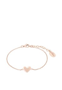 Bracciale in oro rosa con un charm a forma di cuore, collegato da una delicata catena con chiusura a moschettone e un etichetta di estensione della catena regolabile.