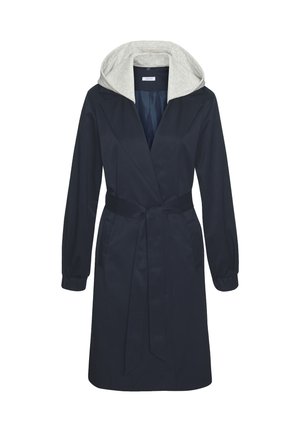 Marineblauer langer Mantel mit Taillengürtel und grau gefüttertem Kapuzenpullover, der im Kragen sichtbar ist, lange Ärmel mit elastischen Bündchen.