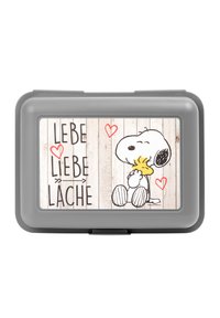 Grau rechteckige Aufbewahrungsbox mit einem bedruckten Deckel. Illustration eines Cartoon-Hundes mit einem Vogel, der Text lautet "LEBE LIEBE LACHE" auf einem Holz-Hintergrund.